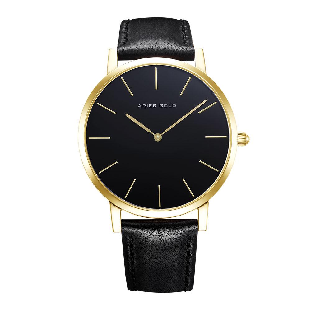 ARIES GOLD URBAN SANTOS GOLD STAINLESS STEEL G 1022 G-BK BLACK LEATHER STRAP MEN'S WATCH